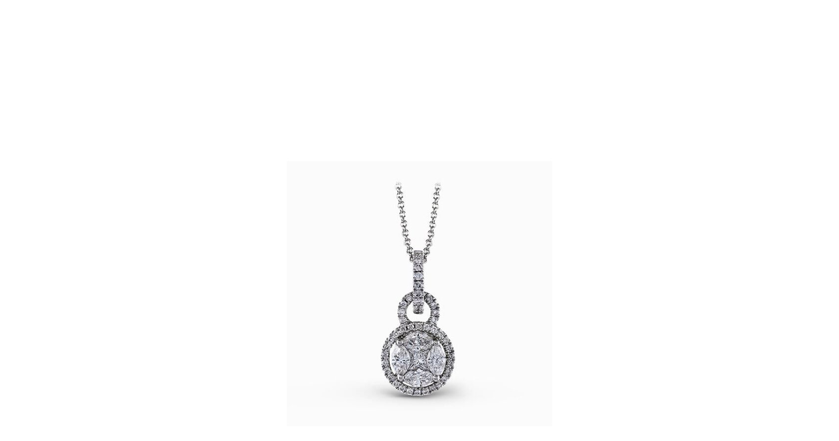 With its double circle design, this elegant white gold pendant is accented with .10 ctw princess cut white diamonds, .19 ctw round cut white diamonds, and .30 ctw marquise cut white diamonds