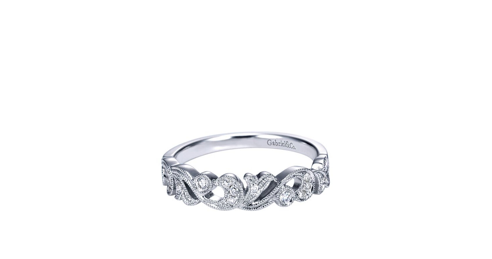 Elegant diamond scrollwork finished with classic milgrain borders forms the top half of this white gold anniversary band