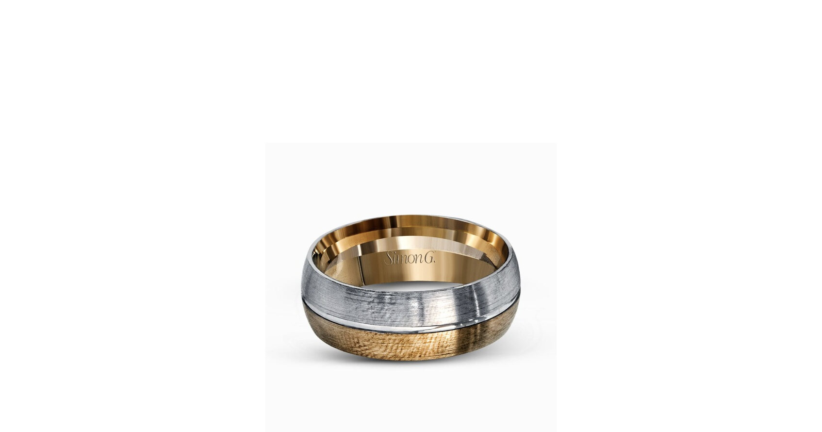 Offering a brilliant two-tone design, this modern men’s wedding band features a dramatic contrast of two sleek columns of white and yellow gold.