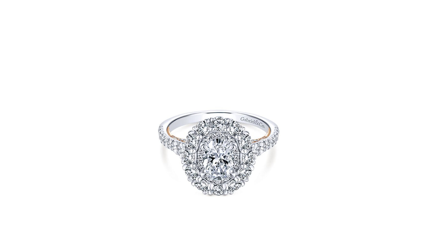 This Oval engagement ring's scalloped band and double halos are covered in round pave diamonds