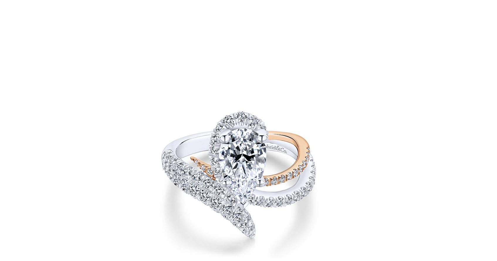 A pear shaped halo engagement ring with sweeping curves and sleek tapered points. Accent diamonds surround the center stone in a halo, and trail along the shoulders of the two-tone band