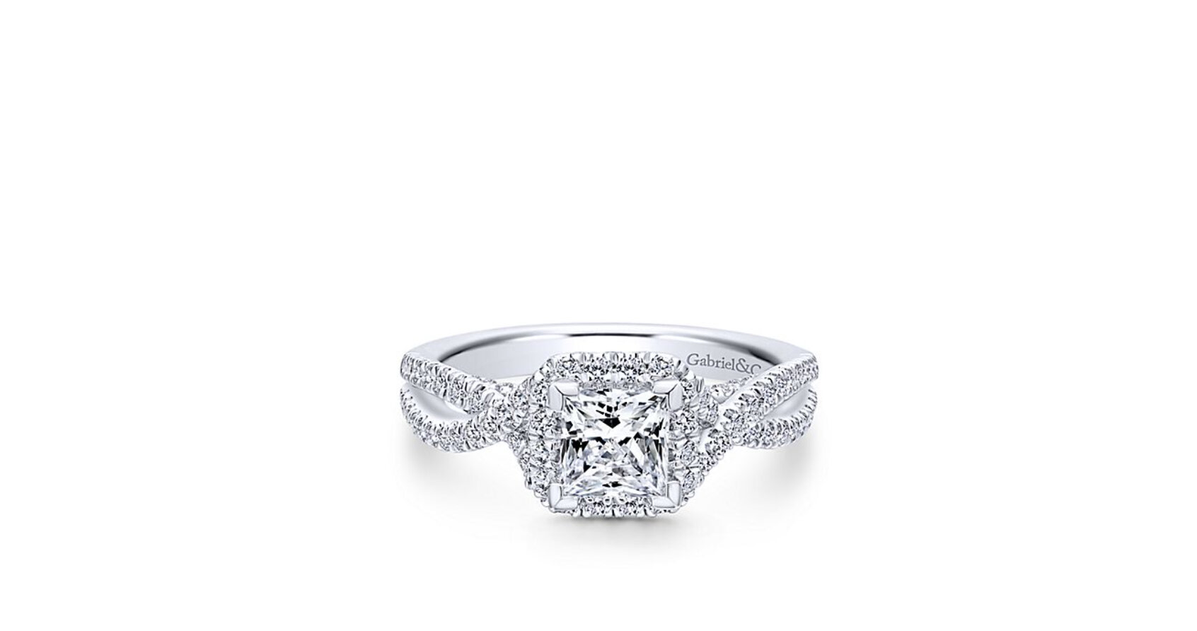  This design showcases a princess cut center stone and features a softened square halo of pave diamonds. Entwined strands of pave diamonds set in rich white gold form the band of this romantic ring